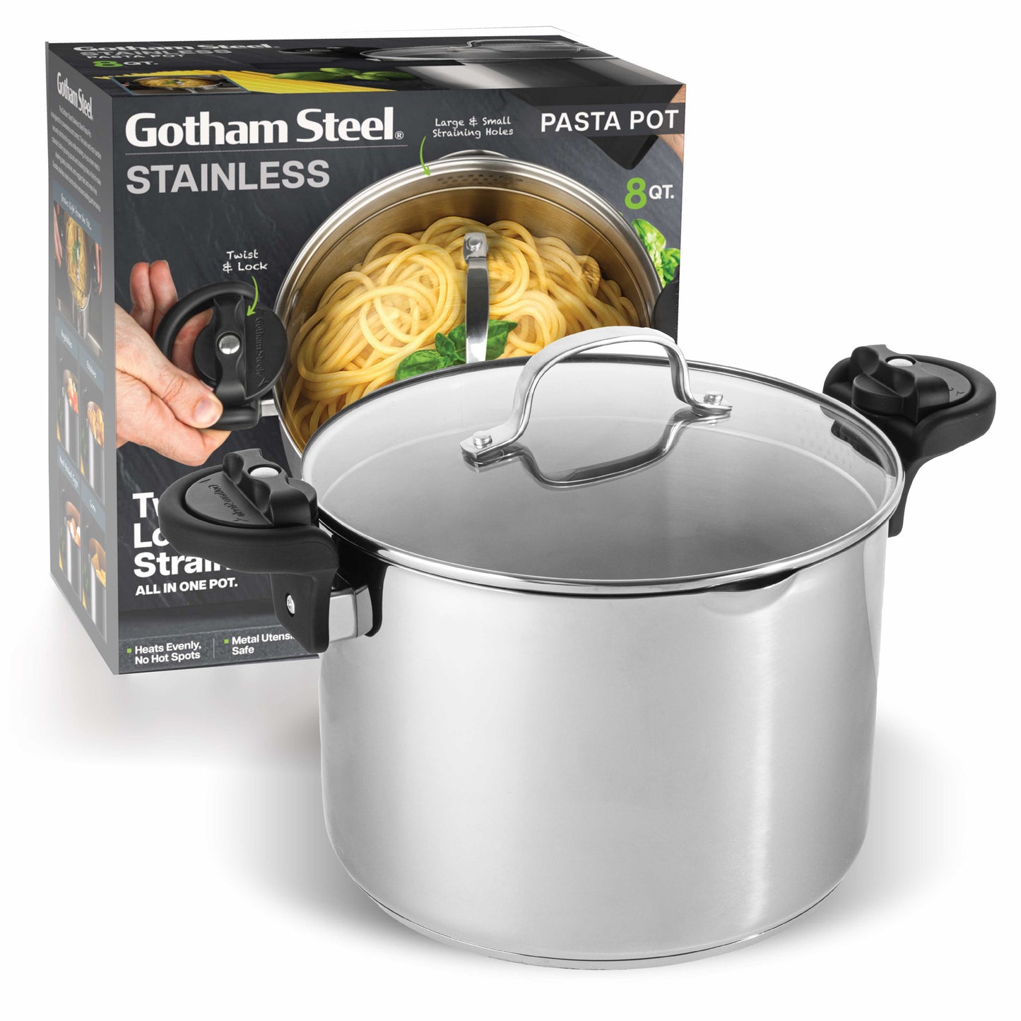 Gotham Steel Stainless Steel Pasta Pot with Strainer Lid & Twist Lock Handles – Multipurpose Stock Pot with Built-in Strainer for Spaghetti & Vegetables – Metal Utensil Safe, Dishwasher Safe, PFAS/PFOA Free