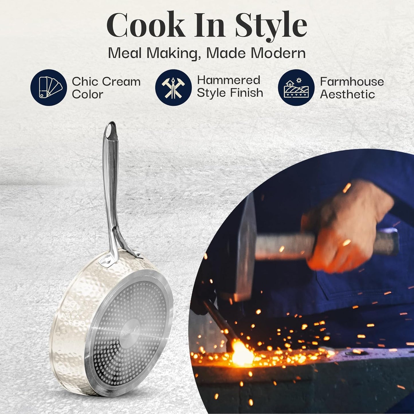 14" Hammered Natural Cream Fry Pan with Lid