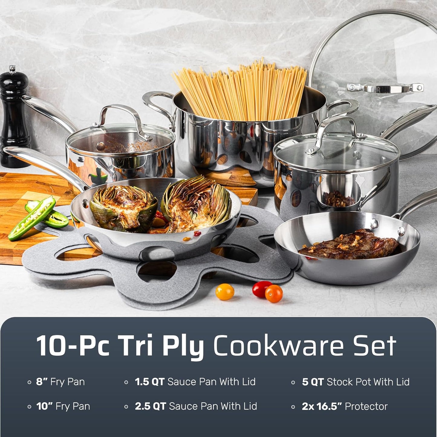 10 Piece Tri-Ply Stainless Steel Cookware Set
