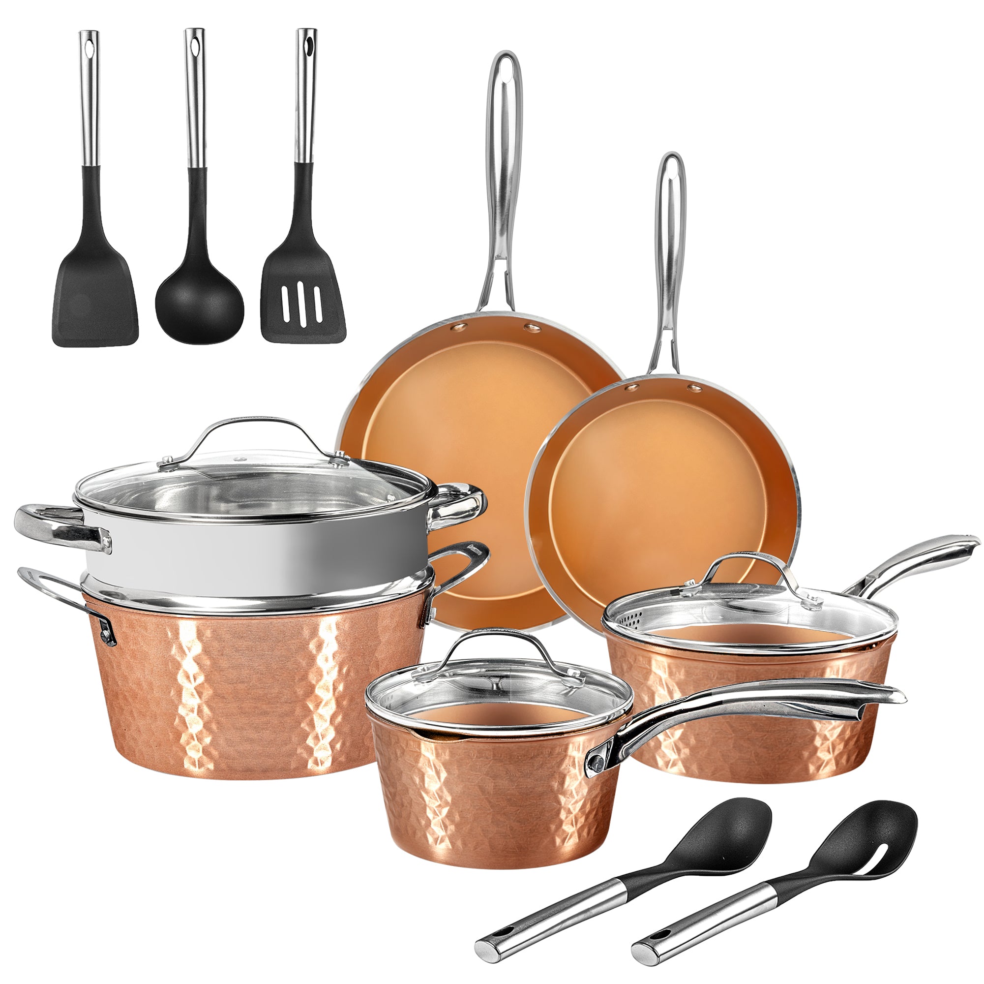 Hammered Copper Cookware Bundle With Utensils And Steamer Gotham Steel hammered-copper-cookware-bundle-with-utensils-and-steamer-gotham-steel