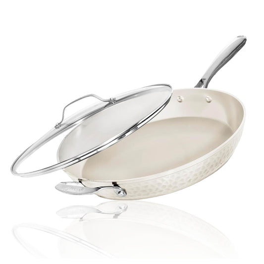 14" Hammered Natural Cream Fry Pan with Lid