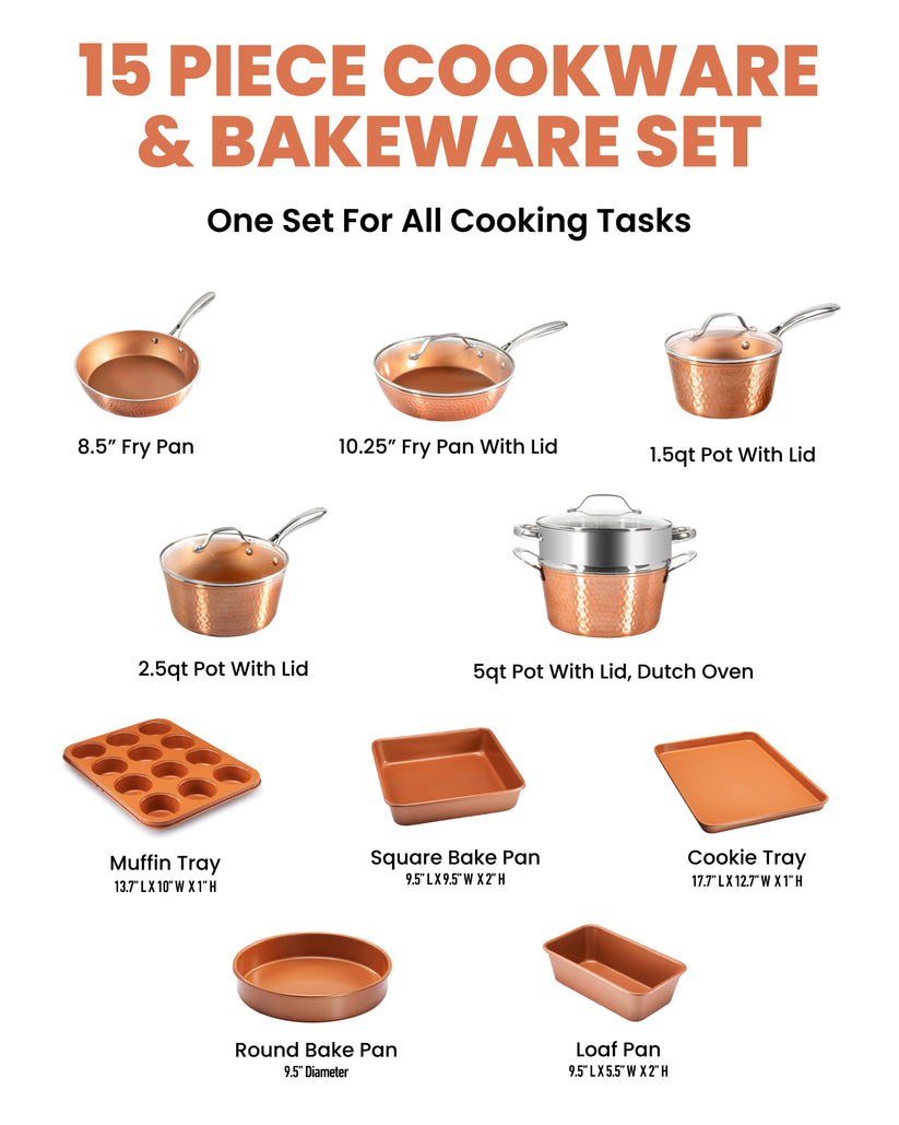 Hammered Copper 15-Piece Cookware and Bakeware Set – Gotham Steel