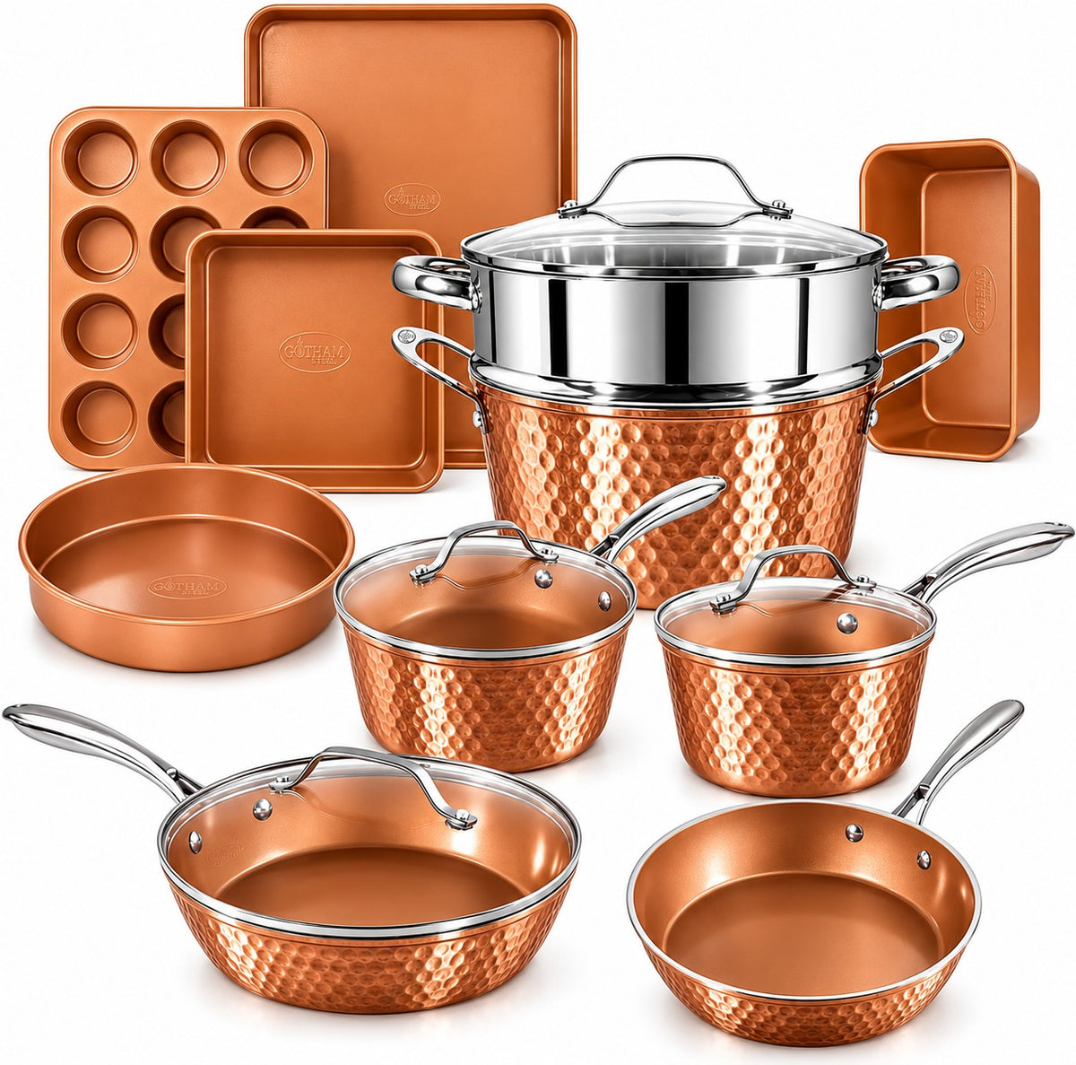 Hammered Copper 15-Piece Cookware and Bakeware Set