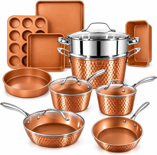 Hammered Copper 15-Piece Cookware and Bakeware Set