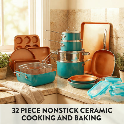 Gotham Steel 32 Pcs Cookware Set Bakeware and Food Storage Set Nonstick Pots and Pans Set