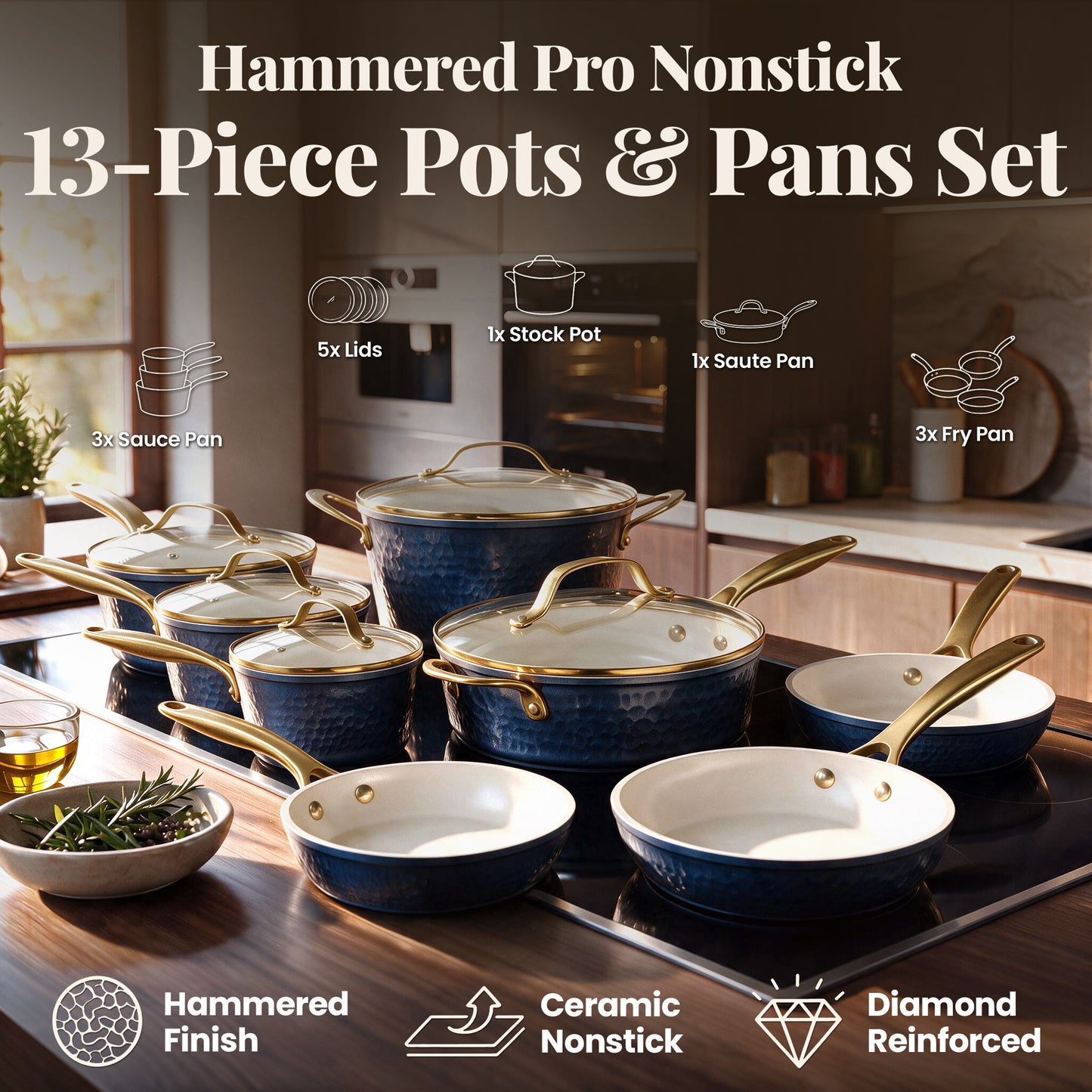 13pc Pro Hammered Natural Collection Cookware Set