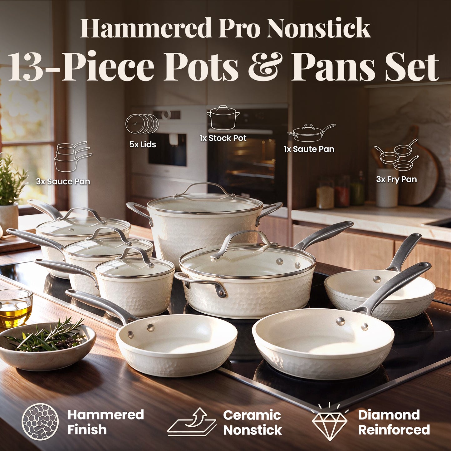 13pc Pro Hammered Natural Collection Cookware Set