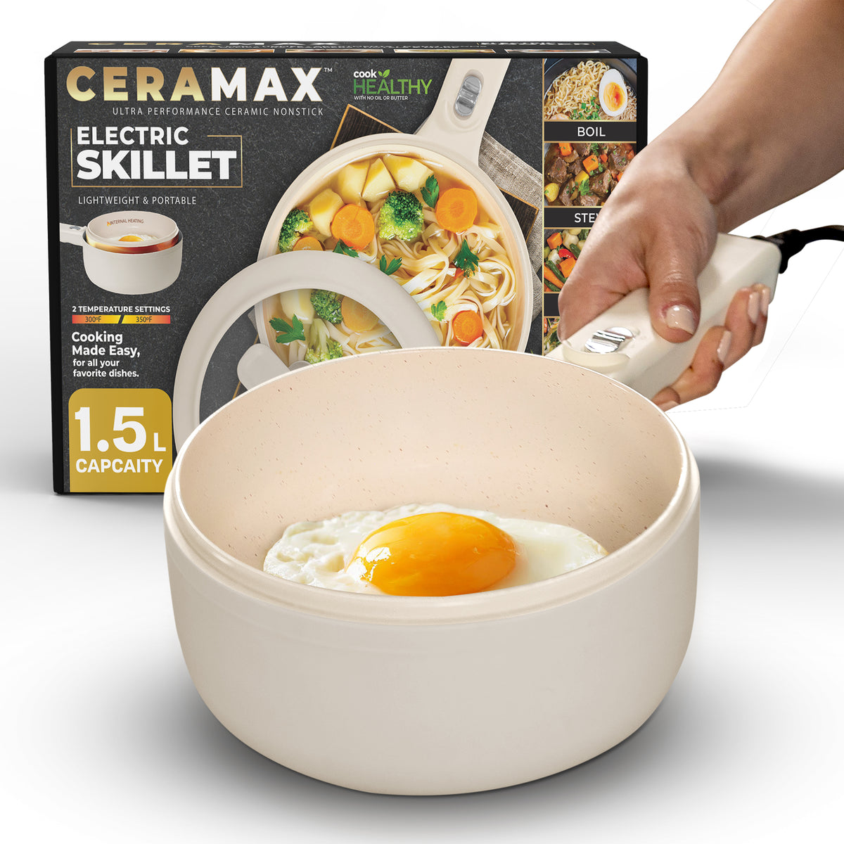 Ceramax Electric Cooker Nonstick Ceramic Skillet Pan Hot Pot Mini Cooker with Lid Steamer