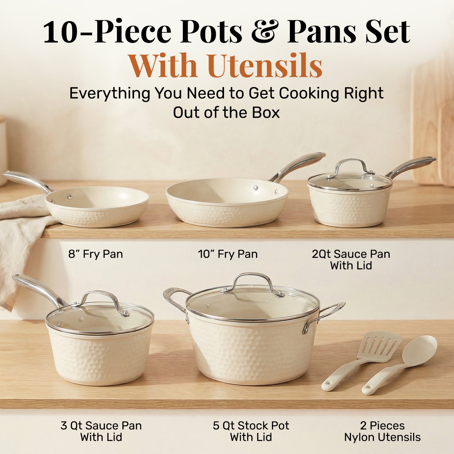 Hammered Cream Cookware Set with Utensils