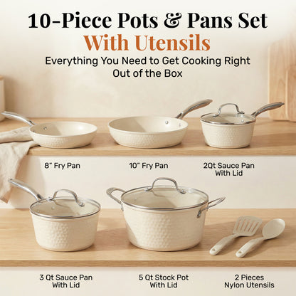 Hammered Cream Cookware Set with Utensils