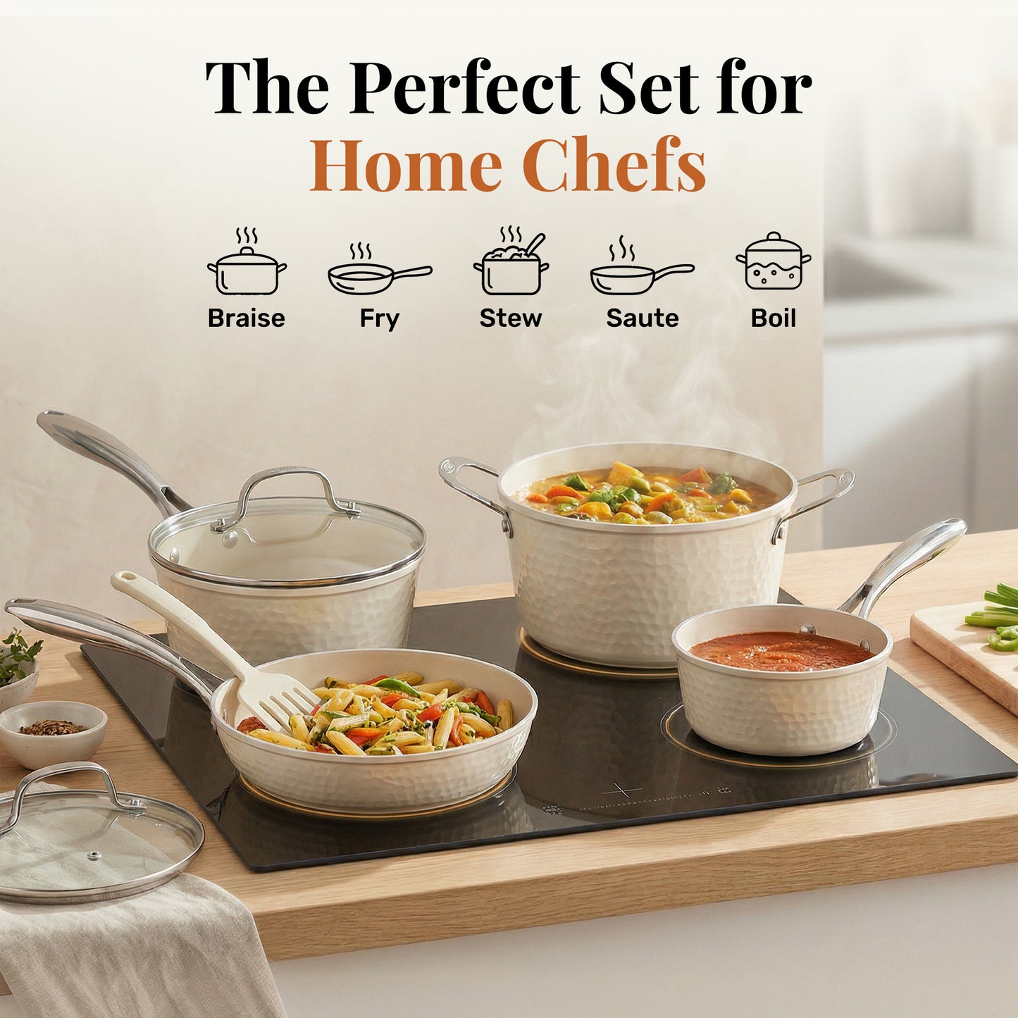 Hammered Cream Cookware Set with Utensils