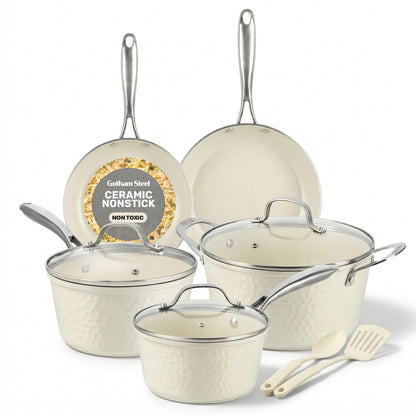 Hammered Cream Cookware Set with Utensils