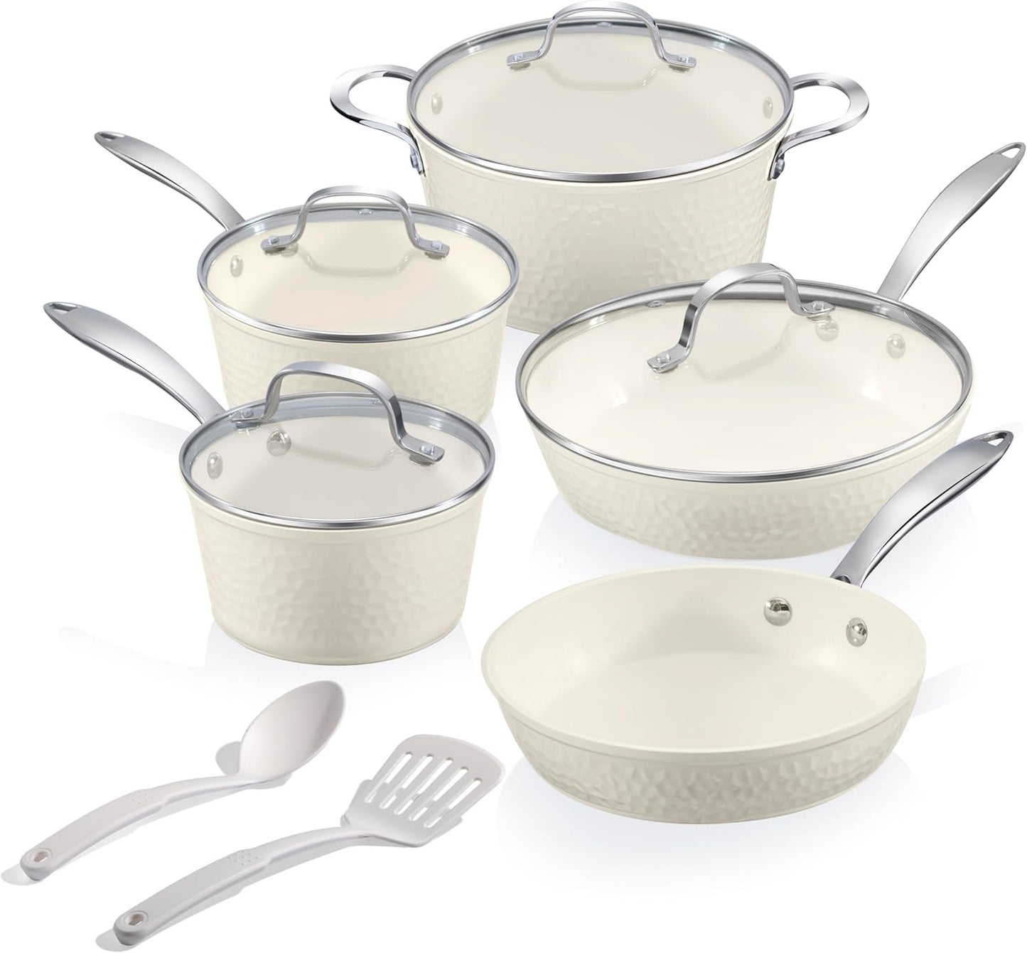 Hammered Cream Cookware Set with Utensils