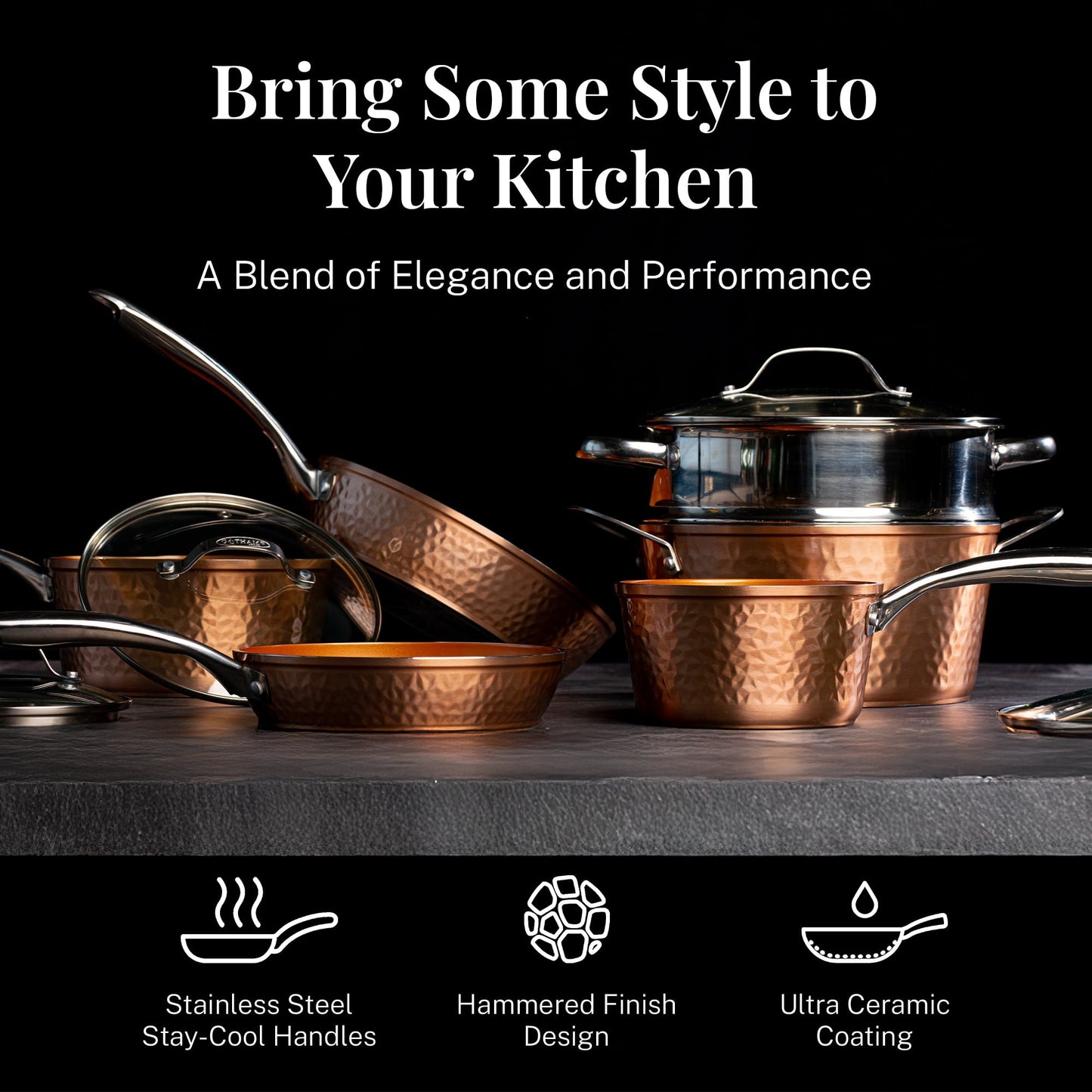 Hammered Copper Cookware Set with Utensils