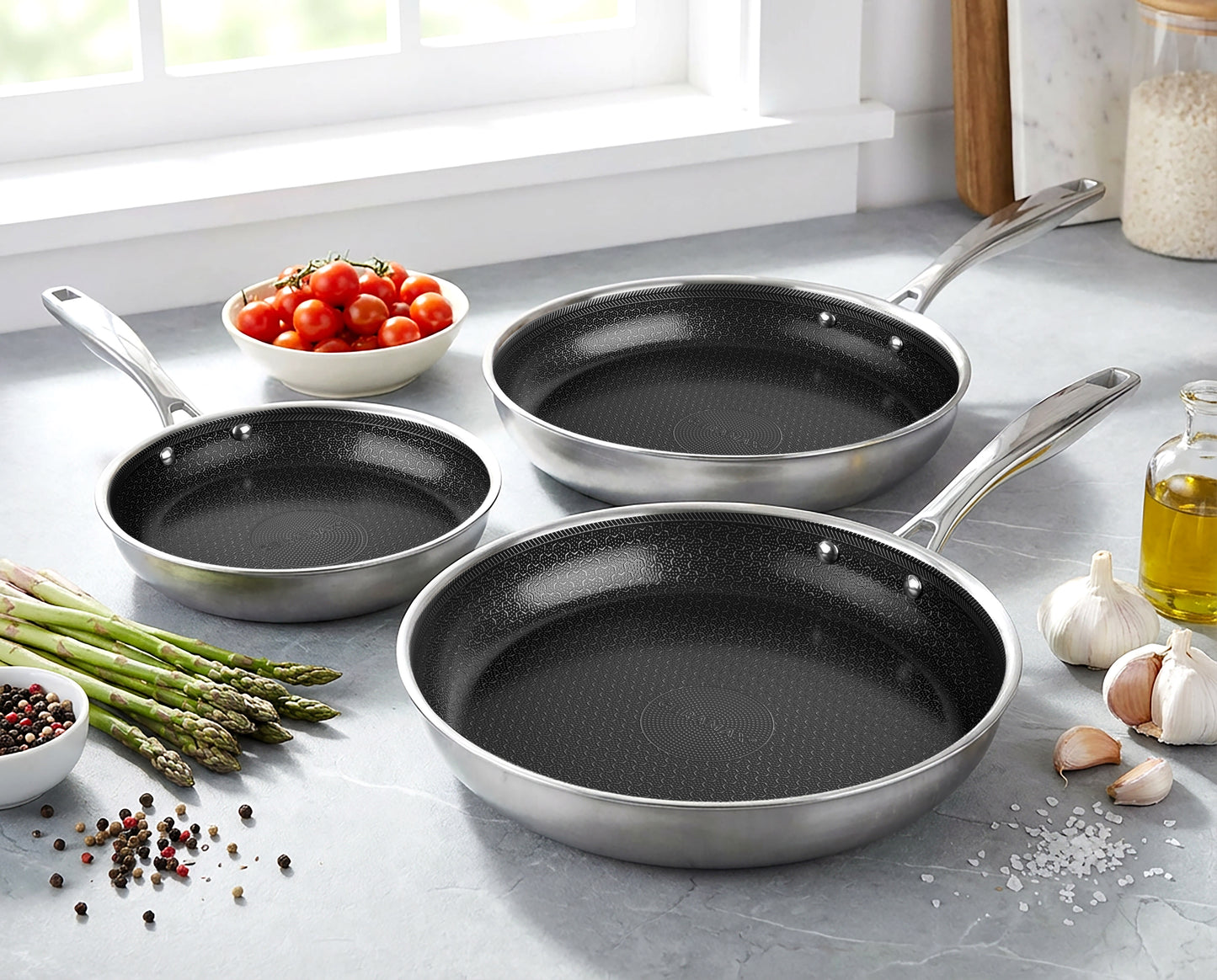 Ceramax 3 Piece Tri-Ply Stainless Steel Ceramic Etched Frying Pan Set