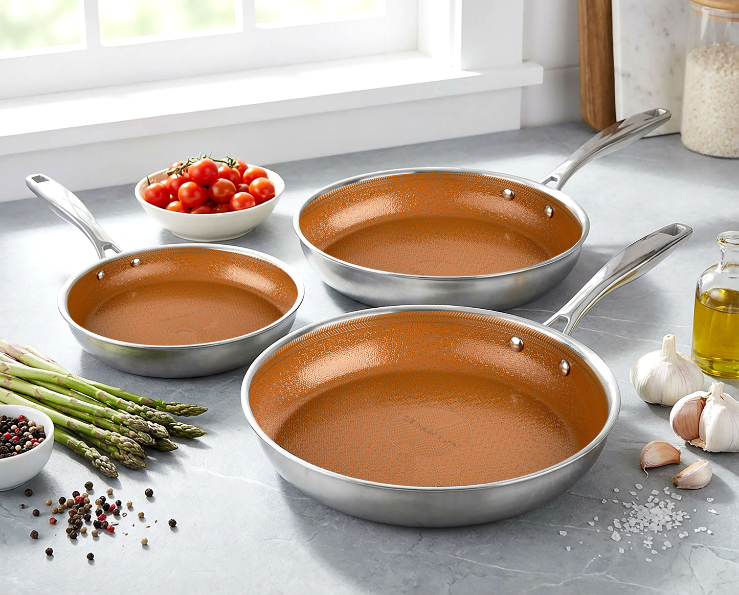 Ceramax 3 Piece Tri-Ply Stainless Steel Ceramic Etched Frying Pan Set