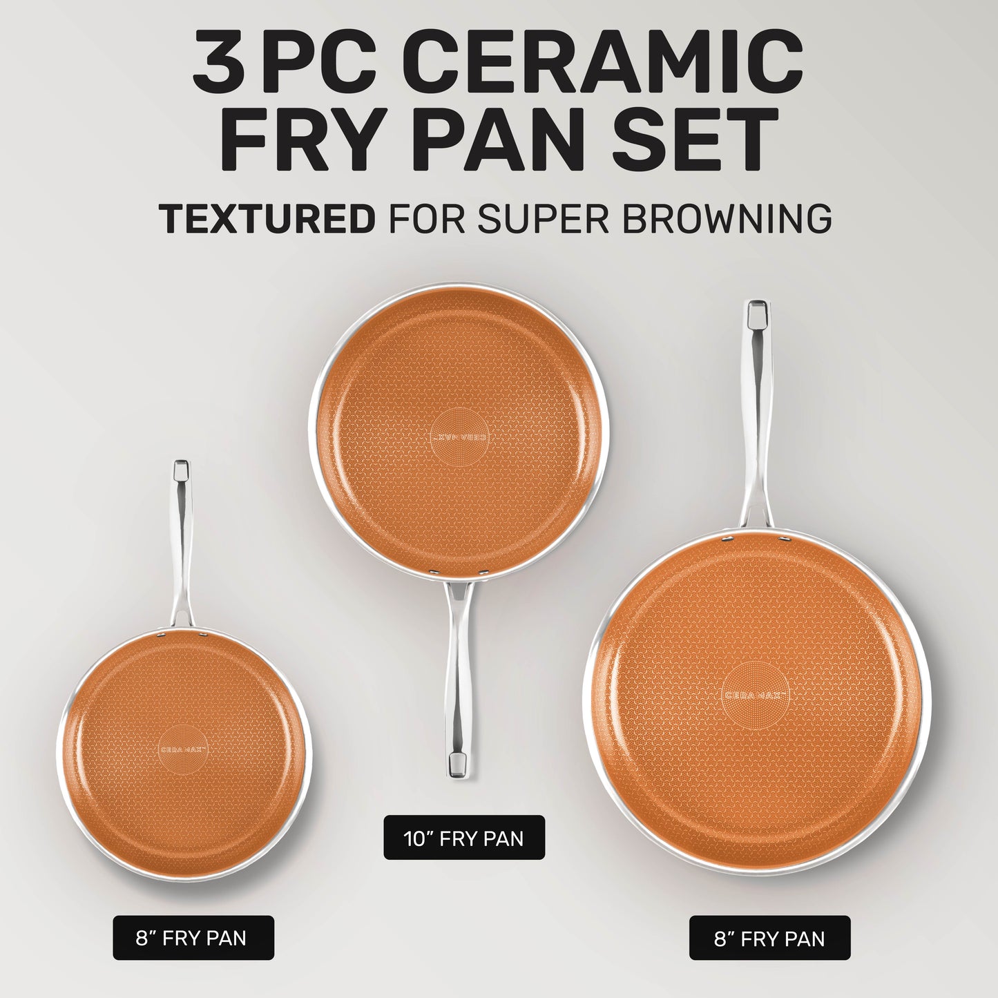 Ceramax 3 Piece Tri-Ply Stainless Steel Ceramic Etched Frying Pan Set