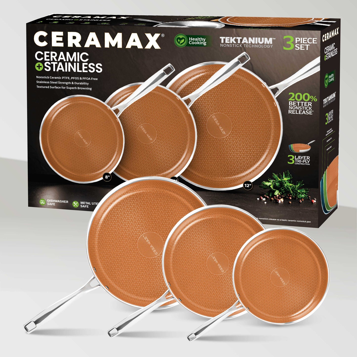 Ceramax 3 Piece Tri-Ply Stainless Steel Ceramic Etched Frying Pan Set