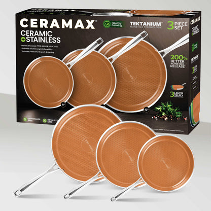 Ceramax 3 Piece Tri-Ply Stainless Steel Ceramic Etched Frying Pan Set