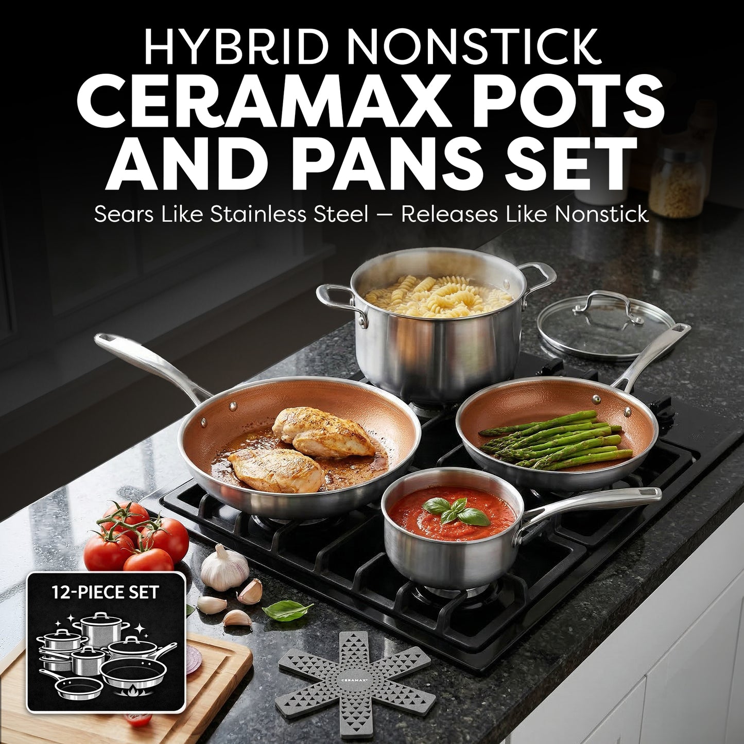 Ceramax Hybrid 12 Piece Tri-Ply Stainless Steel Ceramic Etched Cookware Set