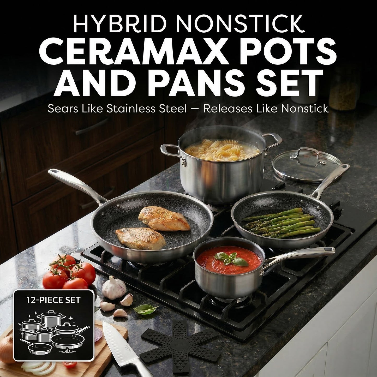 Ceramax Hybrid 12 Piece Tri-Ply Stainless Steel Ceramic Etched Cookware Set