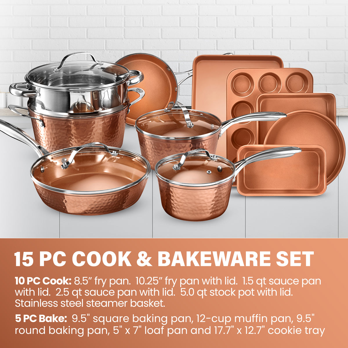 Gs Collection Pots Hammered Copper 15-Piece Cookware and Bakeware Set – Gotham Steel