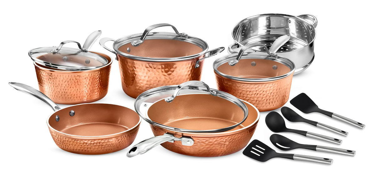 Hammered Copper Cookware Bundle With Utensils And Steamer Gotham Steel hammered-copper-cookware-bundle-with-utensils-and-steamer-gotham-steel