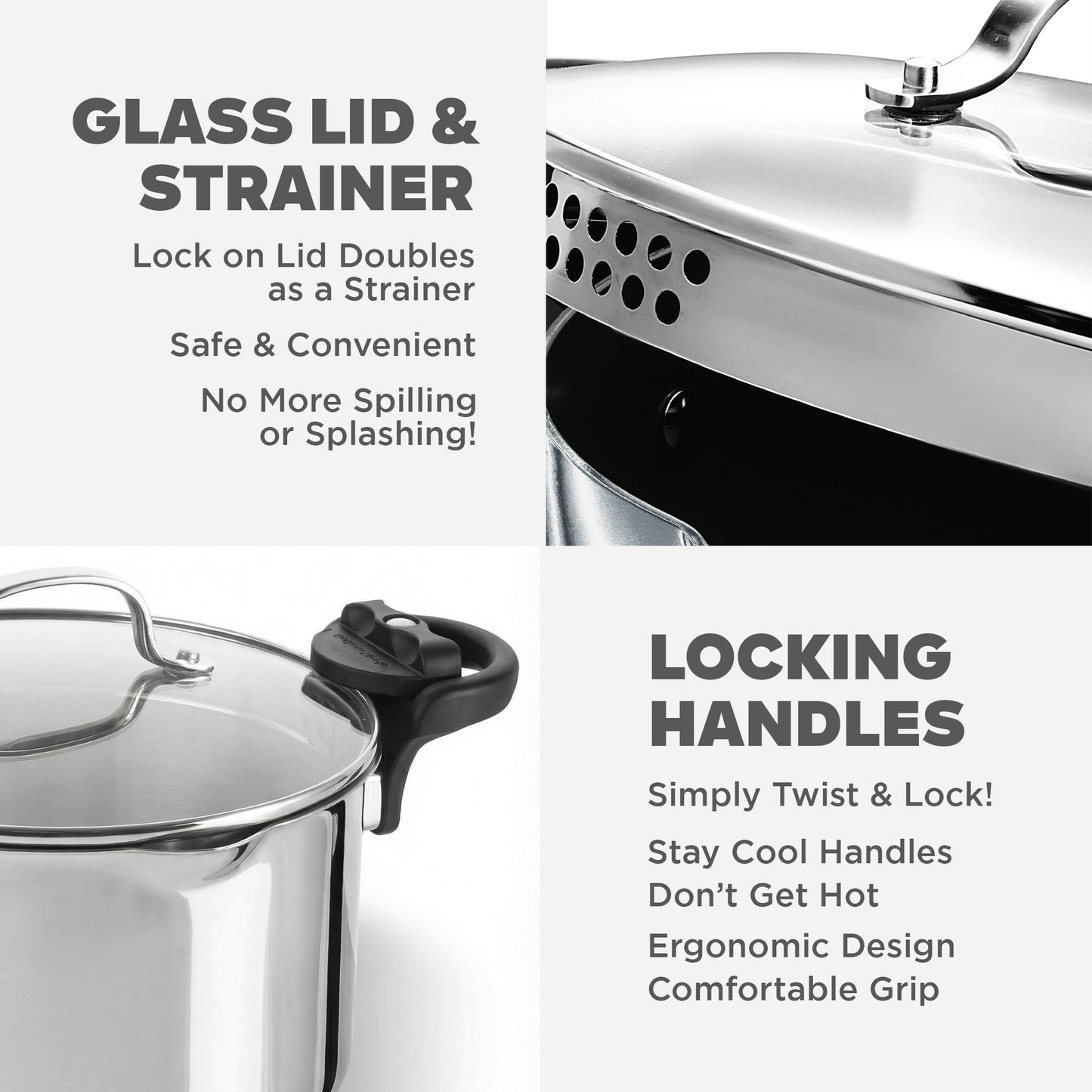 Gotham Steel Stainless Steel Pasta Pot with Strainer Lid & Twist Lock Handles – Multipurpose Stock Pot with Built-in Strainer for Spaghetti & Vegetables – Metal Utensil Safe, Dishwasher Safe, PFAS/PFOA Free