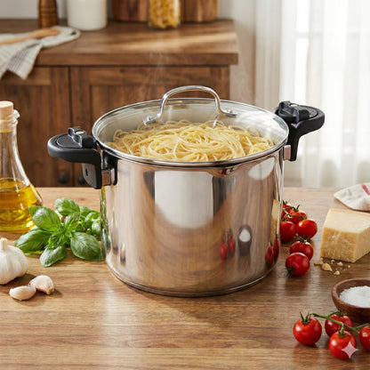 Gotham Steel Stainless Steel Pasta Pot with Strainer Lid & Twist Lock Handles – Multipurpose Stock Pot with Built-in Strainer for Spaghetti & Vegetables – Metal Utensil Safe, Dishwasher Safe, PFAS/PFOA Free