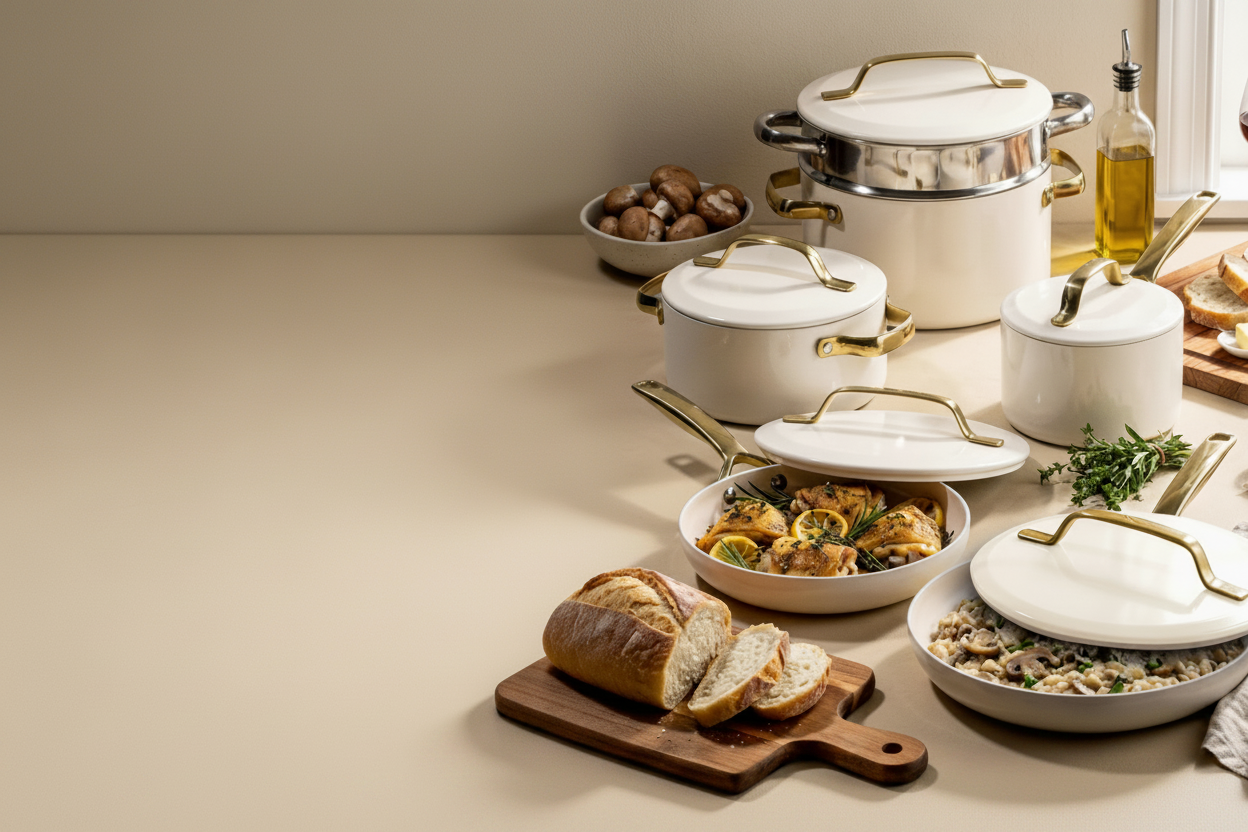 Ceramic cookware set on a table with food and bread
